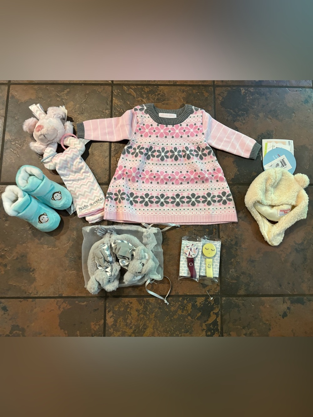 🧺Bonnie Baby Pink and Gray Floral Knit Dress and baby accessories bundle